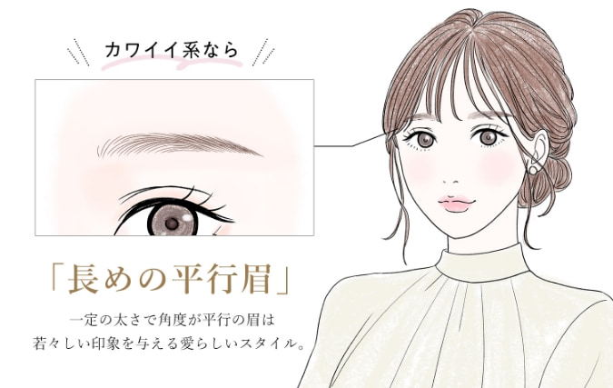 カワイイ系なら… 平行眉 一定の太さで角度が平行の眉は若々しい印象を与える愛らしいスタイル。